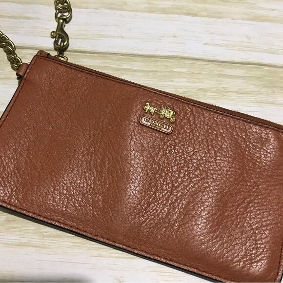 Coach Brown‎ Tan Cognac Leather Gold Zipper Wristlet Wallet Bag - Picture 2 of 6